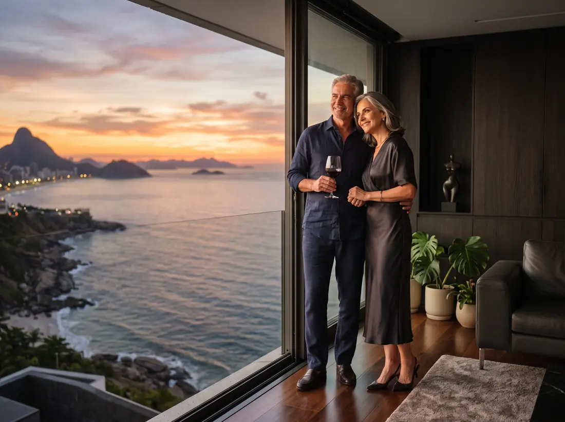 Casal em varanda com vista para o mar